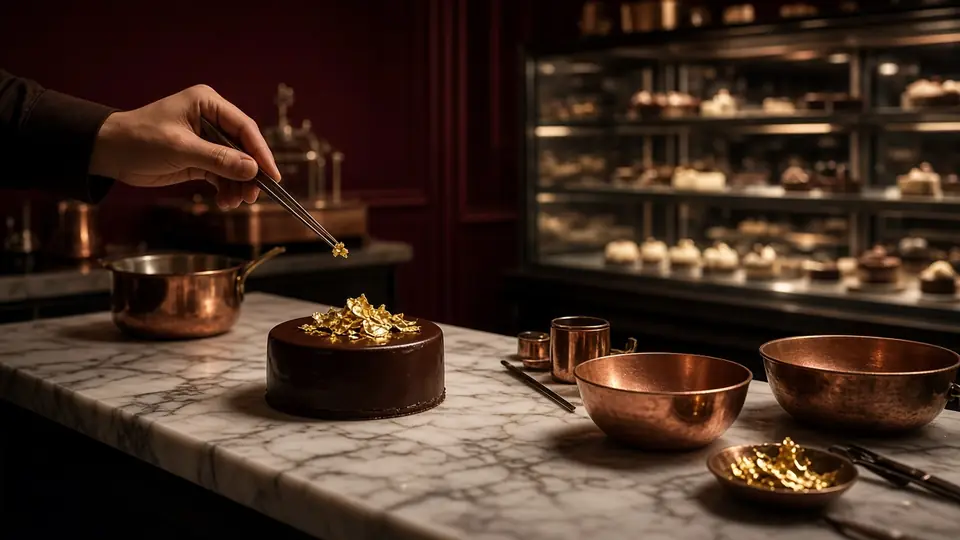 The bakery bench at night, a cake being finished in gold