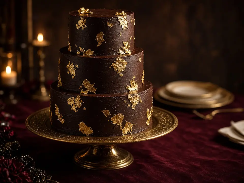 Gold-finished dark chocolate celebration cake on a burgundy table