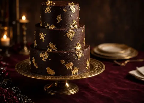 Gold-finished dark chocolate celebration cake on a burgundy table