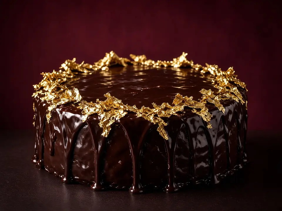 Close view of dark ganache finished with edible gold leaf