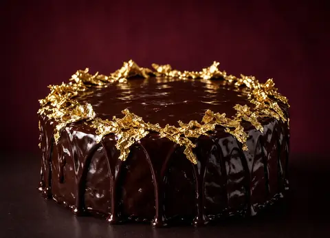Close view of dark ganache finished with edible gold leaf