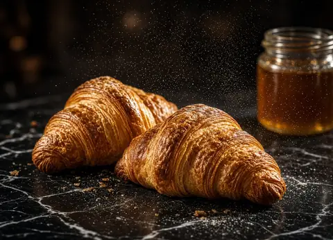 Laminated croissants on dark marble with a fall of sugar