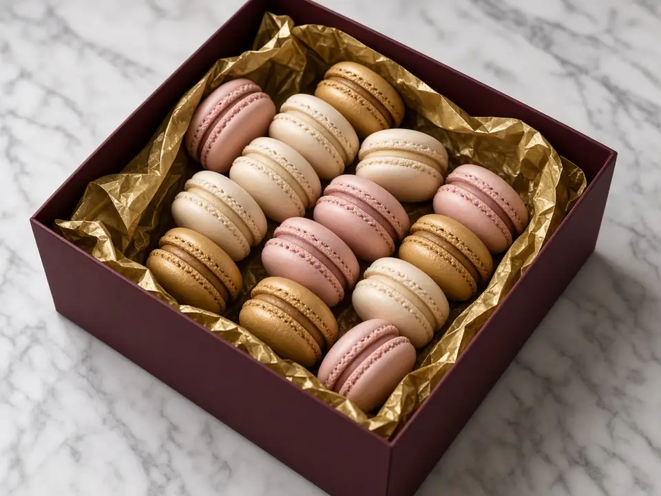 Ivory and gold macarons packed in a burgundy gift box