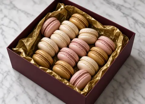 Ivory and gold macarons packed in a burgundy gift box