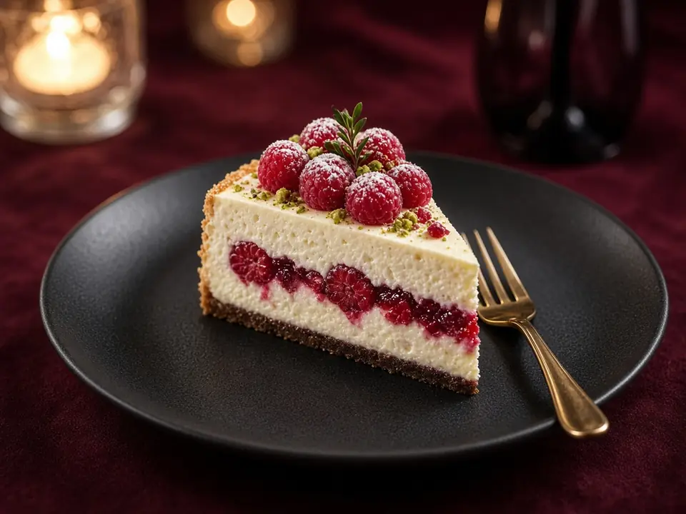 A plated raspberry cream slice with a gold fork