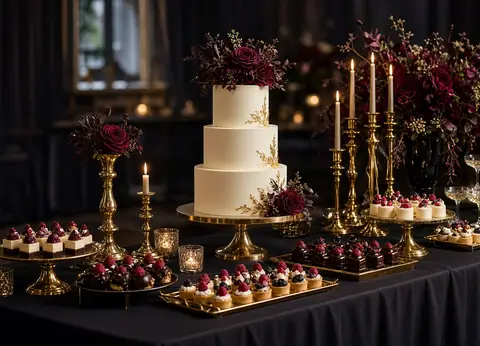 A celebration dessert table with cakes, petit fours, and gold candlesticks