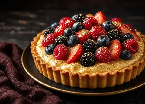 Berry tart with gold-dusted cream on a dark wood table