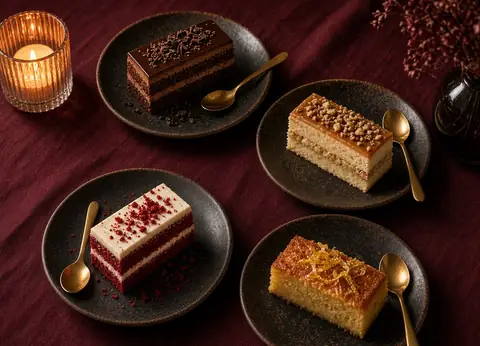 A private tasting flight of cake slices on dark ceramic plates