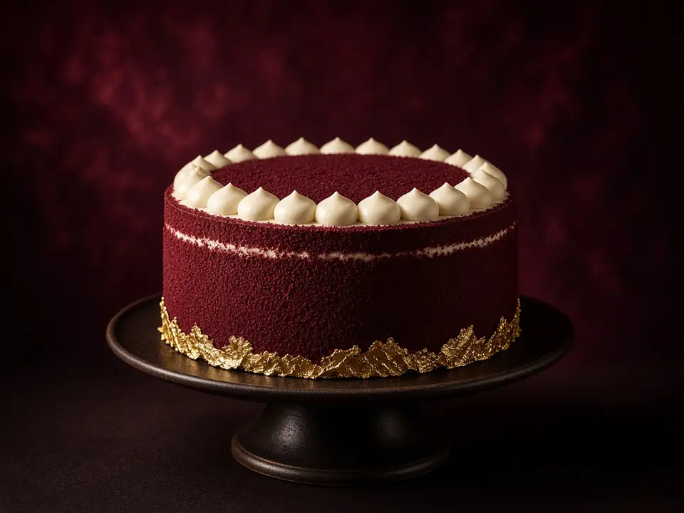 Burgundy velvet layer cake with an ivory and gold collar