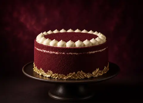 Burgundy velvet layer cake with an ivory and gold collar